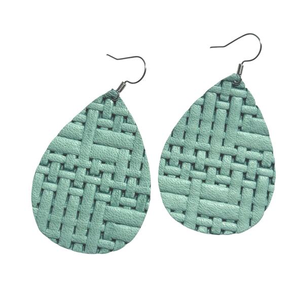 Handmade Lightweight Genuine Leather Teal Weave Woven Teardrop Earrings - Picture 1 of 4